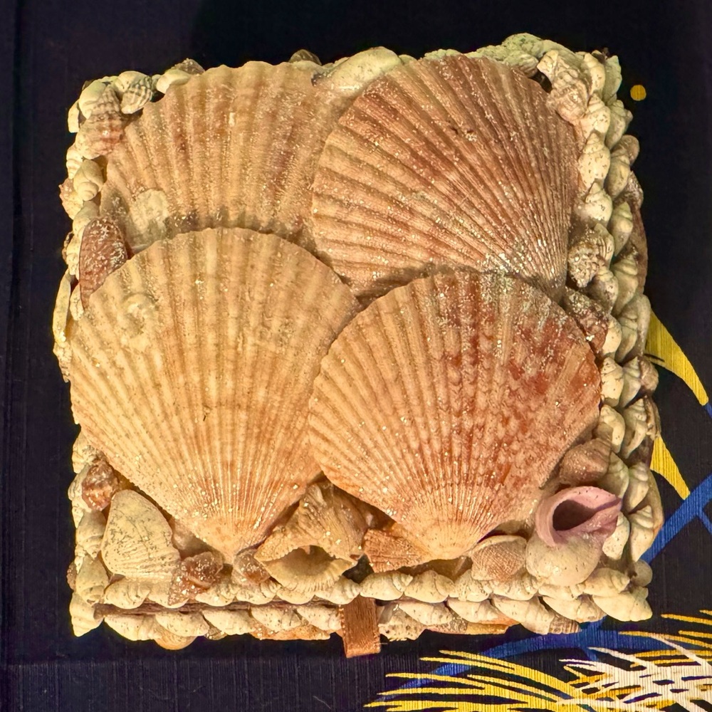 Sea Shell Covered Sailors Trinket Jewelry Keepsake Box Brown Felt Lined Vintage